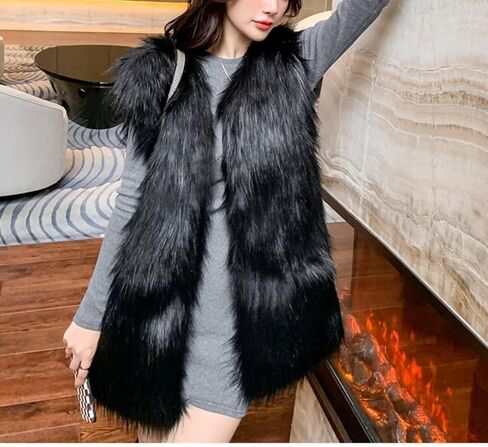Women's Faux Fur Vest Long Coat Sleeveless Jacket Girls Winter Fluffy Warm Outwear Plush Overcoat with Pockets in Kuwait
