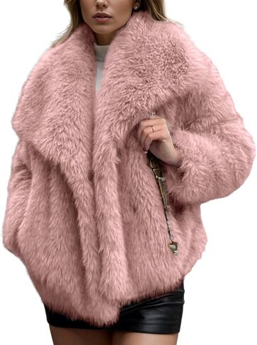 Arssm Womens Fluffy Coat Faux Fur Cardigan Jacket Long Sleeve Lapel Faux Fur Coat Outwear Warm Winter in Kuwait