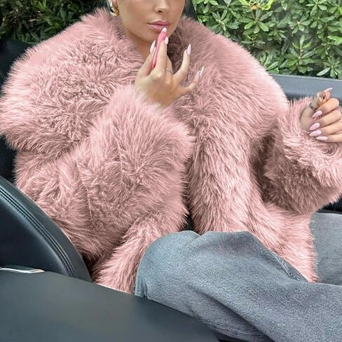 Arssm Womens Fluffy Coat Faux Fur Cardigan Jacket Long Sleeve Lapel Faux Fur Coat Outwear Warm Winter in Kuwait