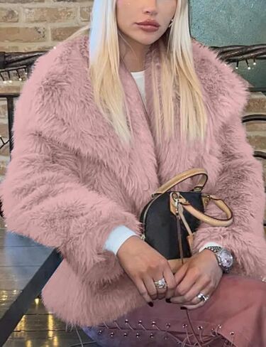 Arssm Womens Fluffy Coat Faux Fur Cardigan Jacket Long Sleeve Lapel Faux Fur Coat Outwear Warm Winter in Kuwait