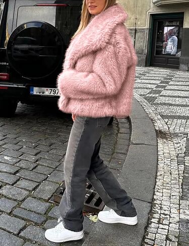 Arssm Womens Fluffy Coat Faux Fur Cardigan Jacket Long Sleeve Lapel Faux Fur Coat Outwear Warm Winter in Kuwait