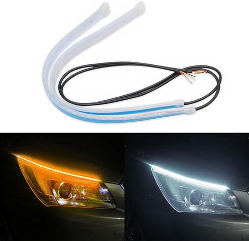 2PCS 24 Inch Car LED Strip Lights, Waterproof Car Daytime Running Light Strip, Flexible DRL Dual Color Sequentially Flow Turn Signal Strip Light, LED Headlight Strip for Car Truck SUV (White/Yellow) in Kuwait