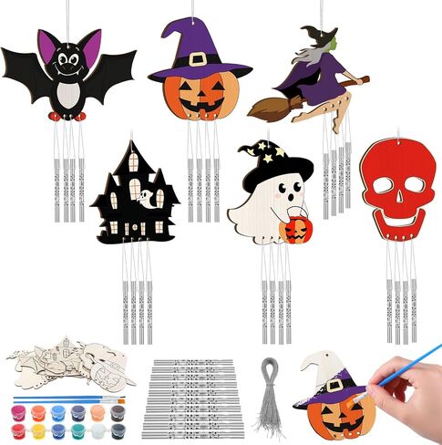 24 Sets Halloween Wind Chimes Craft for Kids Make Your Own Wooden Wind Chime DIY Coloring Hanging Wind Chime Wood Arts and Crafts for Halloween Party Favor Supplies Home Classroom Activities in Saudi Arabia