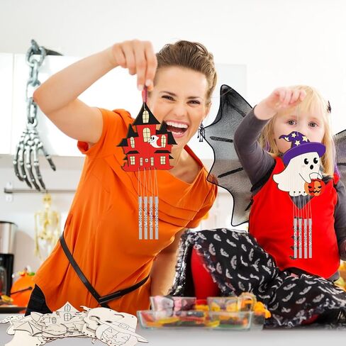 24 Sets Halloween Wind Chimes Craft for Kids Make Your Own Wooden Wind Chime DIY Coloring Hanging Wind Chime Wood Arts and Crafts for Halloween Party Favor Supplies Home Classroom Activities in Saudi Arabia