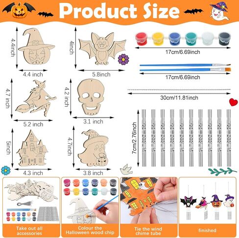 24 Sets Halloween Wind Chimes Craft for Kids Make Your Own Wooden Wind Chime DIY Coloring Hanging Wind Chime Wood Arts and Crafts for Halloween Party Favor Supplies Home Classroom Activities in Saudi Arabia