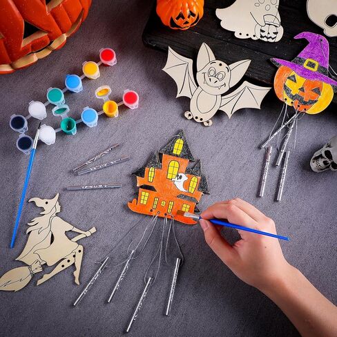 24 Sets Halloween Wind Chimes Craft for Kids Make Your Own Wooden Wind Chime DIY Coloring Hanging Wind Chime Wood Arts and Crafts for Halloween Party Favor Supplies Home Classroom Activities in Saudi Arabia