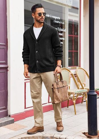 Runcati Mens Shawl Collar Cardigan Sweater Casual Button Down Winter Ribbed Chunky Knitted Sweaters in Saudi Arabia