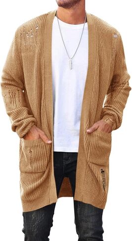 Runcati Men's Long Cardigan Sweater Casual Open Front Shawl Collar Long Sleeve Ripped Sweater with Pockets in Saudi Arabia