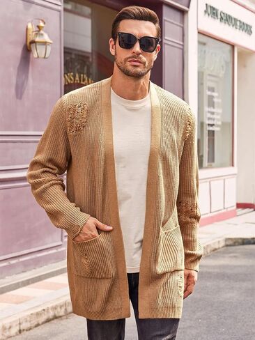 Runcati Men's Long Cardigan Sweater Casual Open Front Shawl Collar Long Sleeve Ripped Sweater with Pockets in Saudi Arabia