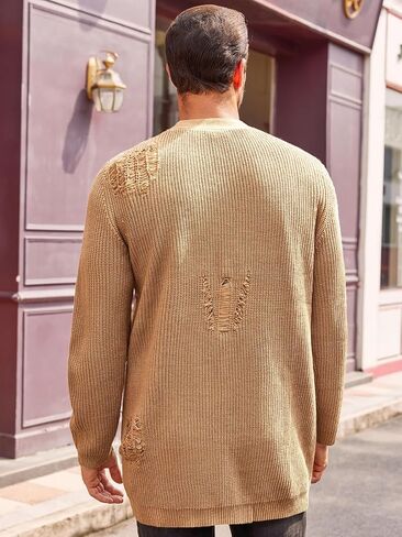 Runcati Men's Long Cardigan Sweater Casual Open Front Shawl Collar Long Sleeve Ripped Sweater with Pockets in Saudi Arabia