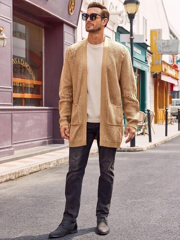 Runcati Men's Long Cardigan Sweater Casual Open Front Shawl Collar Long Sleeve Ripped Sweater with Pockets in Saudi Arabia