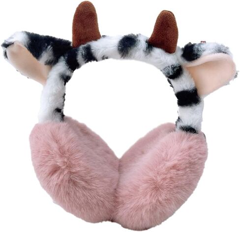 Faux Fur Earmuffs for Women Girls Cute Cow Cartoon Ear Covers Foldable Fleece Ear Muffs Outdoor Warm Earmuffs in Saudi Arabia