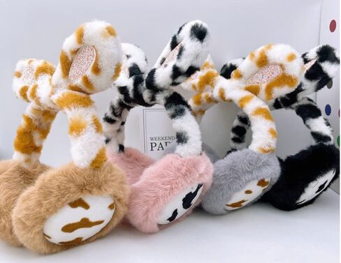 Faux Fur Earmuffs for Women Girls Cute Cow Cartoon Ear Covers Foldable Fleece Ear Muffs Outdoor Warm Earmuffs in Saudi Arabia