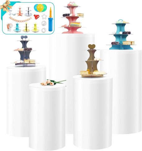 Cylinder Stands for Party White Pedestal Stand Set of 5, Cylinder Tables Round Pedestal Display Plinth Pillars Dessert Table with 5PCS Cake Stand for Wedding Ceremony Birthday Art Decor in Saudi Arabia