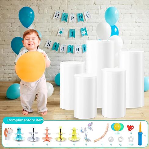 Cylinder Stands for Party White Pedestal Stand Set of 5, Cylinder Tables Round Pedestal Display Plinth Pillars Dessert Table with 5PCS Cake Stand for Wedding Ceremony Birthday Art Decor in Saudi Arabia