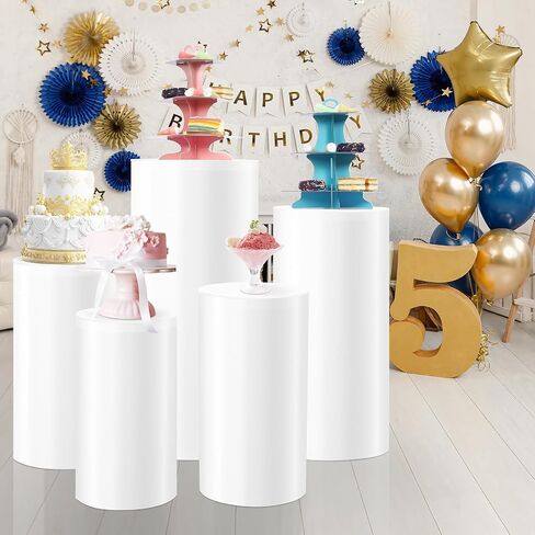 Cylinder Stands for Party White Pedestal Stand Set of 5, Cylinder Tables Round Pedestal Display Plinth Pillars Dessert Table with 5PCS Cake Stand for Wedding Ceremony Birthday Art Decor in Saudi Arabia
