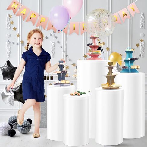 Cylinder Stands for Party White Pedestal Stand Set of 5, Cylinder Tables Round Pedestal Display Plinth Pillars Dessert Table with 5PCS Cake Stand for Wedding Ceremony Birthday Art Decor in Saudi Arabia