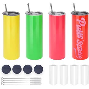 4 Pack 20 oz Sublimation Tumblers with Lids and Straws Blank Stainless Steel Double Vacuum Metal Skinny Tumbler Rose Heat Press Transfer Printing DIY Cups