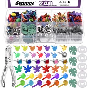 Swpeet 240 Sets 9 Styles and 5 Sizes Multicolor Split Pins Mini Brads Metal Brad with Hole Punch Assortment Kit, Metal Paper Brass Paper Fasteners Pastel Brads for Scrapbooking and Clothing Shoes