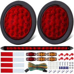 4" Inch Round Led Trailer Tail Lights Kit, 4" Round Led Stop Turn Tail Lights 24LED, 4Amber+2Red Mini Marker Lights, 13.8" Red Led 3RD Brake Identification Trailer Light Bar, 25ft Wiring Harness
