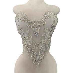 Handmade Silver Glass Rhinestones Bodice lace Applique Hand Sewing Beaded Sequins Trim Patches for Dress Clothes Skirts Multiple Design Styles Accessories (B)