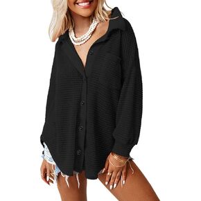 Beaully Womens Waffle Knit Long Sleeve Button Down Shirts Casual Lightweight Shacket Dressy Blouses Tops