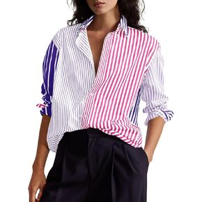 Cicy Bell Womens Color Block Striped Button Down Shirts Oversized Trendy Casual Blouses Long Sleeve Tops