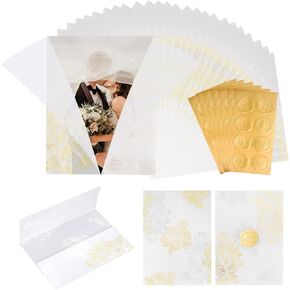 50 Pack Pre-Folded Vellum Jackets for 5x7 Invitations - Gold Foil Pattern - 115GSM Vellum Paper 5x7 Jackets - Vellum Wedding Invitations Wraps - Transparent Wedding Invitations Jacket (56pcs stickers)