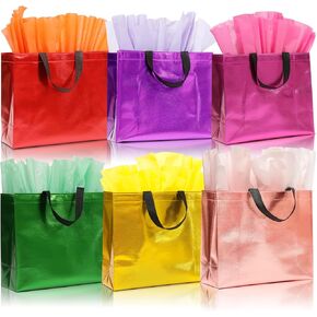 12 كيس هدايا قابلة لإعادة الاستخدام من KeerxunBag (تتضمن المناديل الورقية) مع مقابض مثالية لأعياد الميلاد والحفلات والعطلات وحفلات الزفاف مقاس متوسط ​​13 × 5 × 11 بوصة حقائب هدايا كانتان