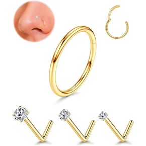 18G 16G Surgical Steel CZ Nose Rings Hoops Studs Set: Hypoallergenic 14K Gold Filled Nostril Small Piercing Jewelry for Women Men, Pack of 4Pcs