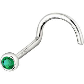 Jewelry Avalanche Solid 14K Gold Nose Screw Stud Bezel Set Emerald 22G Cork-screw Nose Stud - 14K White Gold / 14K Yellow Gold May Birthstone Nose Ring Stud