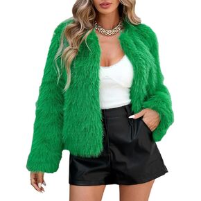 American Trends Womens Fleece Cropped Jacket Faux Fur Coats Long Sleeve Shaggy Warm Winter Clothes
