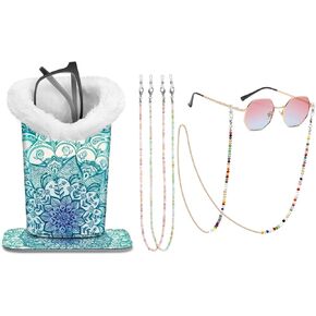 Fintie Plush Lined Eyeglasses Holder with Magnetic Base, Emerald Illusions + 3 Pcs Eyeglasses Chains