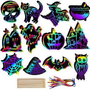 48Pcs Different Halloween Scratch Paper Set, Rainbow Scratch Art for Halloween, Crafts Black Scratch Off Paper with 24 Wooden Stylus 48 Cords, Halloween Decoration Hanging Decoration