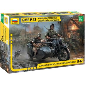 Zvezda German Motorcycle BMW R12 with Sidecar & Crew - Plastic Model Kit Scale 1/35 ,158 Parts ,Length 2.4'' / 6 cm, ZVE-3607