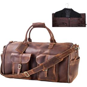 Genuine Leather Convertible Garment Bag with Shoes Compartment Full Grain Leather Carry on Duffle Bag Garment for Men Women Weekender Hanging Business Suitcase for Travel Suit VintageBrown