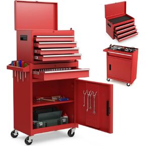 HOMGX 5-Drawer Tool Combination Cabinet, Rolling Toolbox w/Detachable Top & Adjustable Shelf, Lockable Wheels & Sliding Drawers, Large Capacity Tool Storage Cabinet for Garage Workshops (Red)