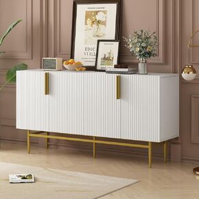 CuisinSmart Modern Elegant 4-Door Sideboard Gold Metal Handle Buffet Cabinet with Adjustable Shelves Sideboard Buffet Cabinet for Dining Room Living Room Bedroom Hallway Kitchen White