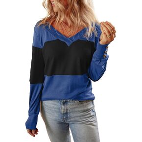 Dokotoo Womens Tops 2024 Fall Color Block Long Sleeve Shirts V Neck Dressy Casual Blouses