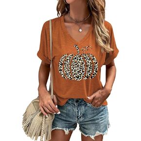 Fall V Neck T Shirt Funny Halloween Thanksgiving Graphic Tee Casual Family Halloween Costume Tops
