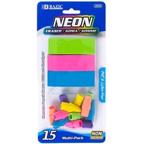 Craft County Neon Erasers – Perfect for Home or The Office – Latex Free – Pack of 15 (3 Wedge Block and 12 Pencil Top)