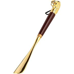 Shoe Horn Long Handle for Seniors High-end Luxury Lion Head Shape Shoe Helper, Household Long and Short Handle Shoe Lifter, Exquisite Storage Bag (Color : Gold, Size : 58 * 3.5cm)