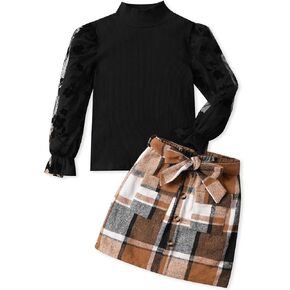 Toddler Girl Clothes Girls Outfits Flare-lace Sleeve Top and Plaid Skirt Dress Fall Winter 2Pcs Girls Clothes 5-12T