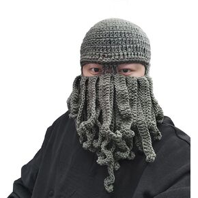 Octopus Tentacle Hat, Adult Crochet Beanie With Beard, Funny Squid Mask Prop Halloween Cosplay Costume