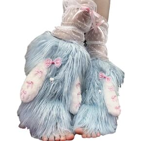 Womens Faux Fur Furry Leg Warmers with Rabbit Ears Lolita Kawaii Gothic Y2k Boot Cuff Cover Cosplay Accessory