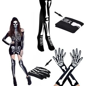 بدلة جمجمة 2 قطعة قفازات طويلة للهالوين جوارب هيكل عظمي للهالوين قفازات طويلة هيكل عظمي للهالوين جوارب بانك هيكل عظمي للسيدات جوارب سوداء زي كرنفال سيدة في قبعة الركبة in Kuwait