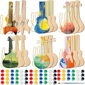 Syhood 18 Pcs DIY Wood Guitar for Kids (6 Difference Designs) with 18 Set of Pigments (6 Colors), Christmas Kids Gift for Boys Girls Crafts and Art Birthday Class Party Music Theme Party
