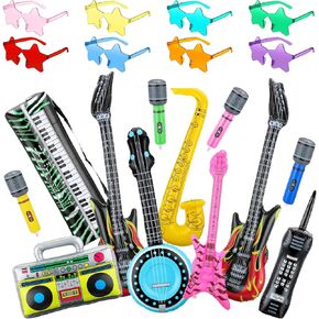 20 Pcs Inflatable Instruments Party Props Rock Star Toy Set Blow up Guitar Saxophone Bass Lute Microphones Mobile Phone Recorder Piano Star Shaped Sunglasses for 80s 90s Rock and Roll Party