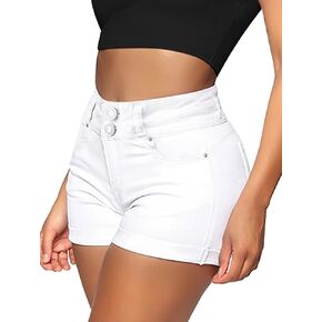 Womens Casual Stretchy Denim Shorts Cuffed High Waisted Jean Shorts Folded Hem Buttons Denim Shorts
