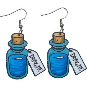 Fun Pair of “Drink Me" Glitter Drop and Dangle Earrings for Alice in Wonderland Costumes, Mad Hatter Costumes and More. Fun Pair of Drink Me Mini Bottle Fan Inspired Earrings for Queen of Hearts Costumes and More.